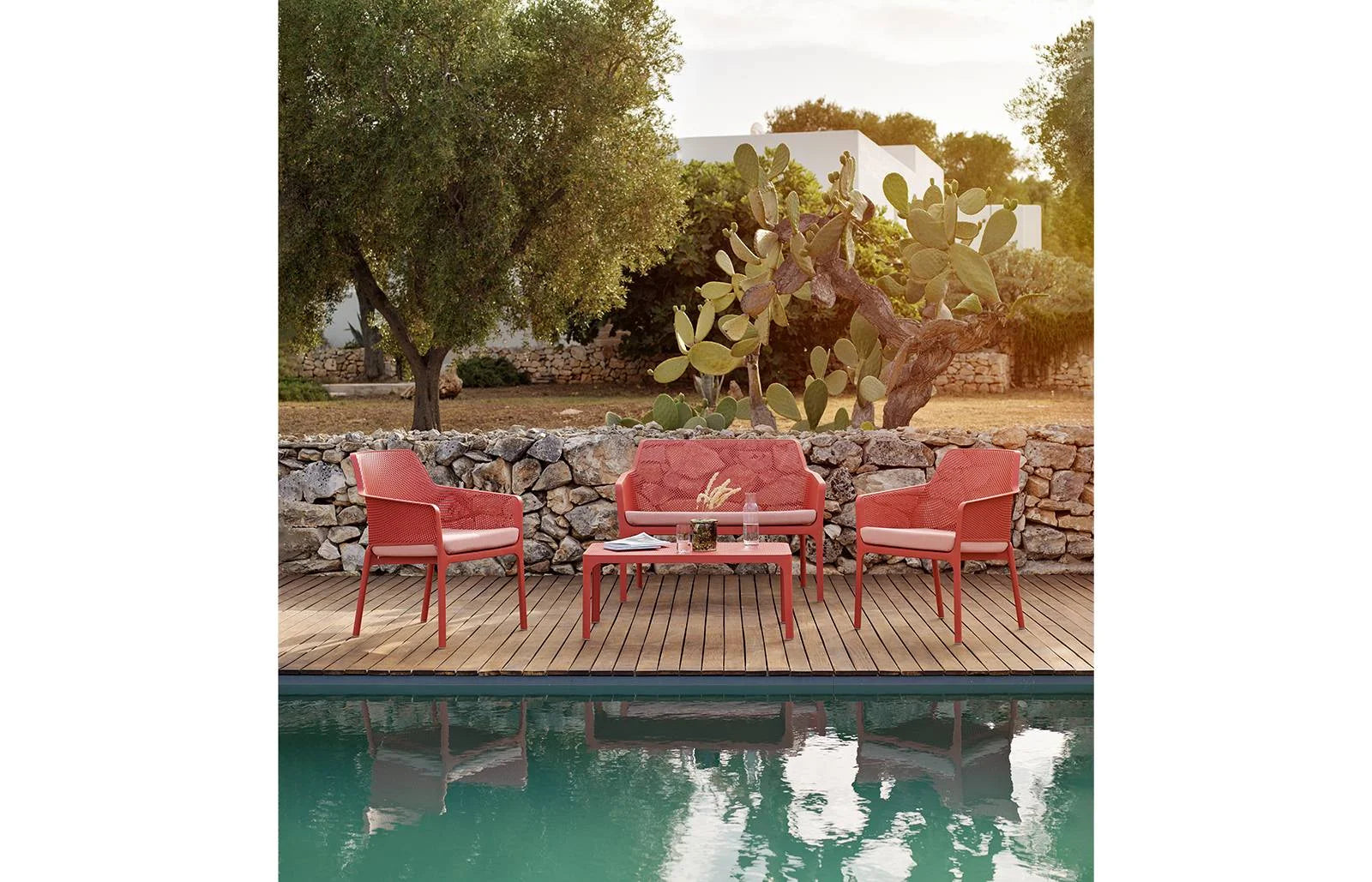 Nardi COMPLETE SET outdoor Net (Net Bench, 2 Net Relax armchairs, Net table 100, 2 Net Relax cushions and a Net Bench cushion) in various colors Made in Italy Nardi COMPLETE SET outdoor Net (Net Bench, 2 Net Relax armchairs, Net table 100, 2 Net Relax cushions and a Net Bench cushion) in various colors Made in Italy