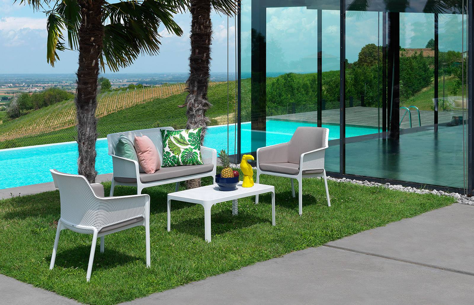 Nardi COMPLETE SET outdoor Net (Net Bench, 2 Net Relax armchairs, Net table 100, 2 Net Relax cushions and a Net Bench cushion) in various colors Made in Italy Nardi COMPLETE SET outdoor Net (Net Bench, 2 Net Relax armchairs, Net table 100, 2 Net Relax cushions and a Net Bench cushion) in various colors Made in Italy