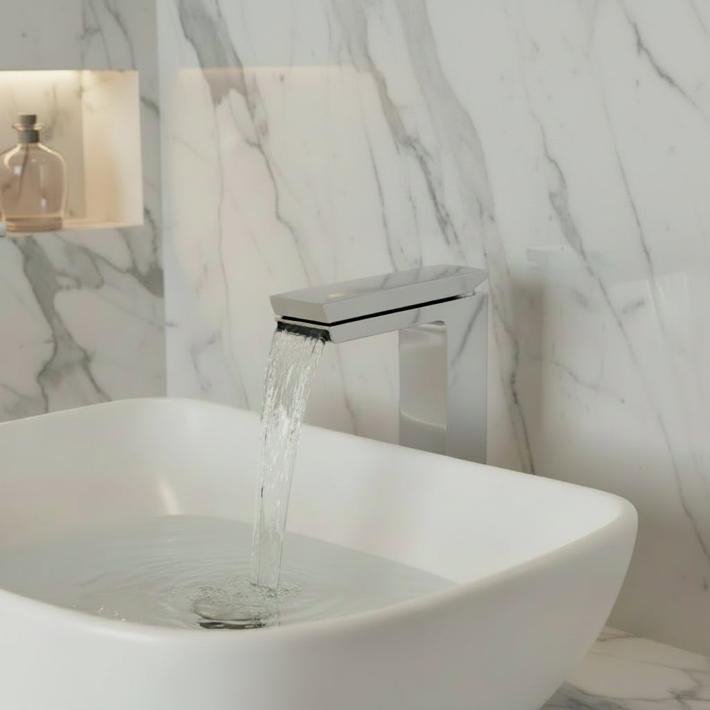 Fromac Mini Razor rubinetto lavabo con bocca a cascata e scarico click-clack 8512B - cromo