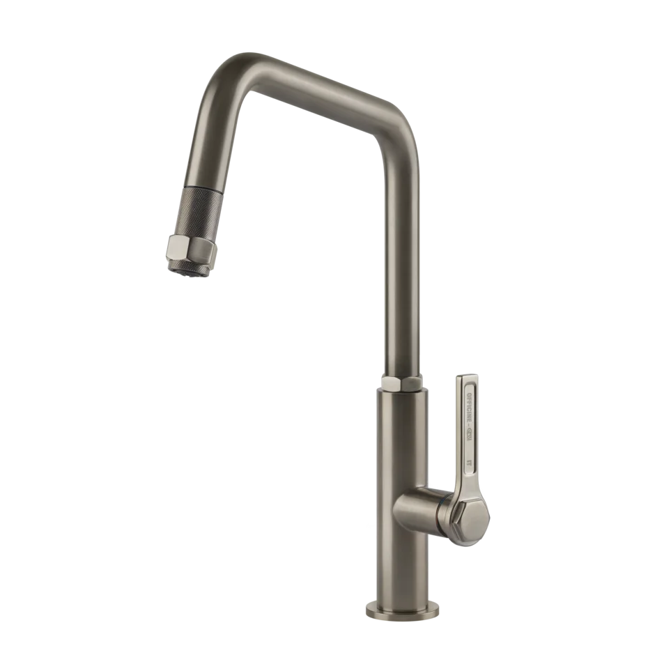 Gessi Officine kitchen faucet with swivelling spout and pull-out shower 60053