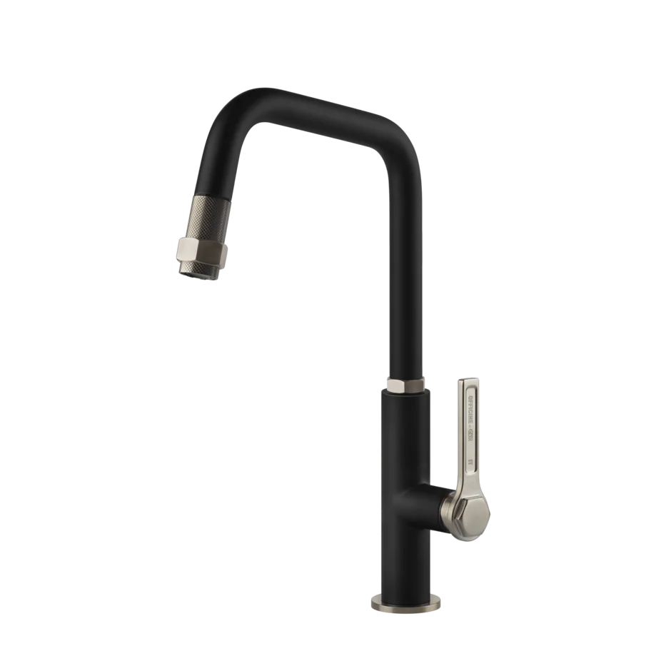 Gessi Officine kitchen faucet with swivelling spout and pull-out shower 60053