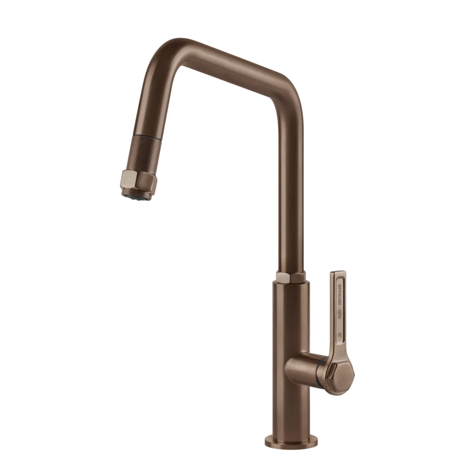 Gessi Officine kitchen faucet with swivelling spout and pull-out shower 60053