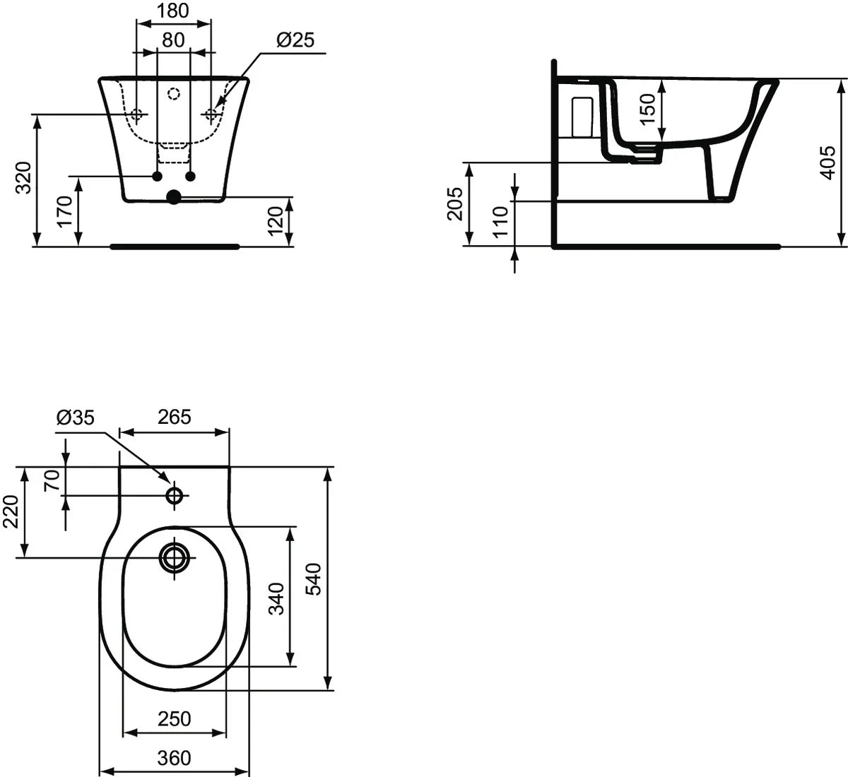 Ideal Standard Connect Air bidet sospeso E026601 - disegno tecnico