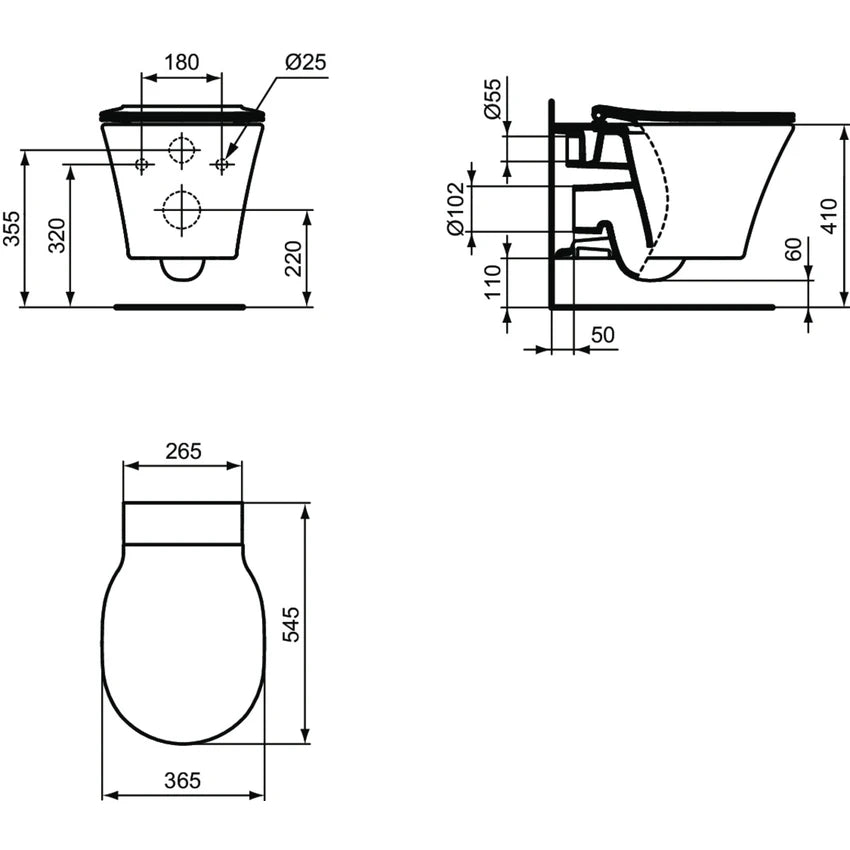Ideal Standard Connect Air wc sospeso con copriwater soft-close E008701 - disegno tecnico