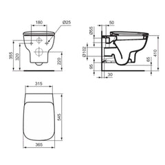 Ideal Standard Esedra wc sospeso con copriwater slim soft-close T278701 - disegno tecnico