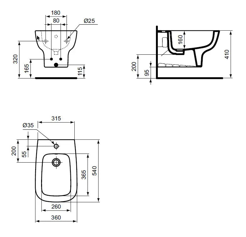 Ideal Standard Esedra bidet sospeso T281501 - disegno tecnico