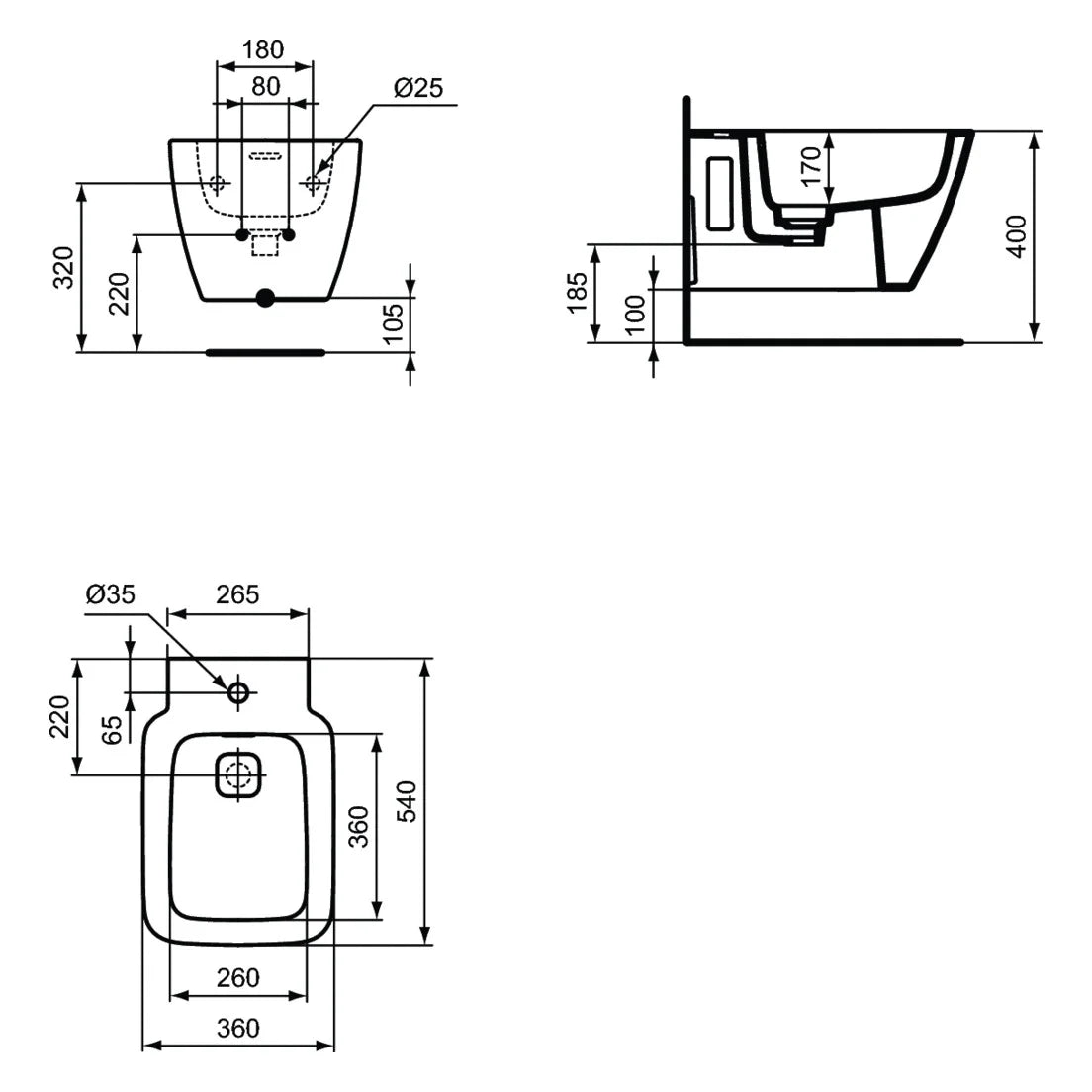 Ideal Standard Strada bidet sospeso T297101 - disegno tecnico
