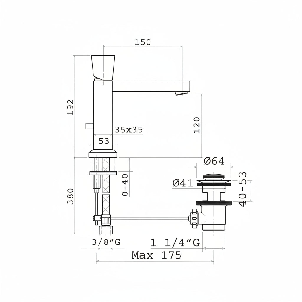 Mamoli Stylos rubinetto lavabo con scarico 4810.S150 - disegno tecnico