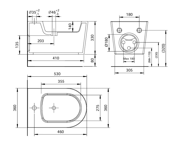 Mammoliti Zada bidet sospeso F989003 - disegno tecnico
