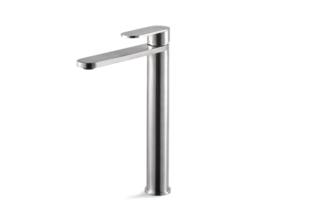 VEMA AYAS STEEL V28021-Miscelatore monocomando versione alta per lavabo da appoggio, senza scarico. Flessibili di alimentazione F3/8”.