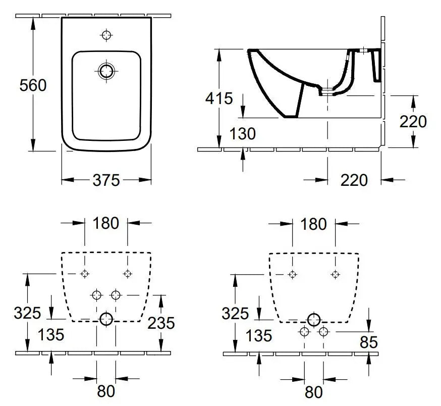 Villeroy Venticello bidet sospeso 441100RW -  disegno tecnico
