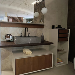 Edoné Crio top con lavabo da appoggio, mobile con cassetto, colonna e specchio Expo