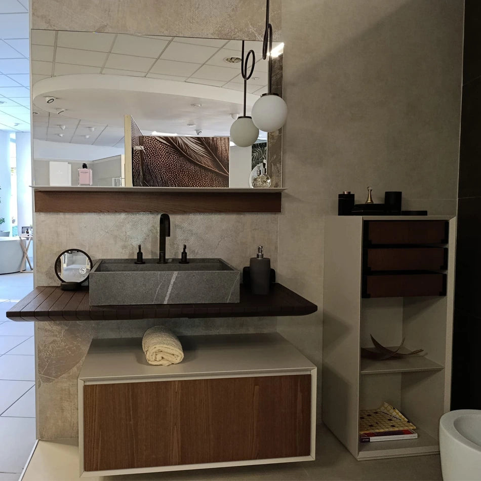 Edoné Crio top con lavabo da appoggio, mobile con cassetto, colonna e specchio Expo