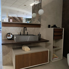 Edoné Crio top con lavabo da appoggio, mobile con cassetto, colonna e specchio Expo