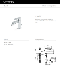 Vema Slate V14070 - Single-lever bidet mixer with 1”1/4 waste - F 3/8” supply hoses.