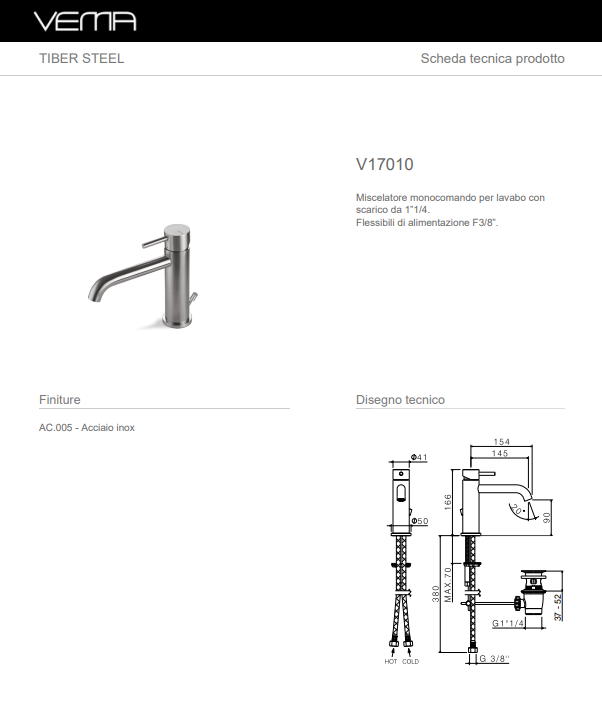 Miscelatore lavabo Vema Tiber Steel V17010
