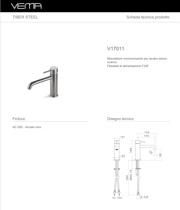 Miscelatore lavabo Vema Tiber Steel V17011