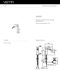 Vema Lys V25070-Miscelatore monocomando per bidet con scarico da 1”1/4. Flessibili di alimentazione F 3/8”.