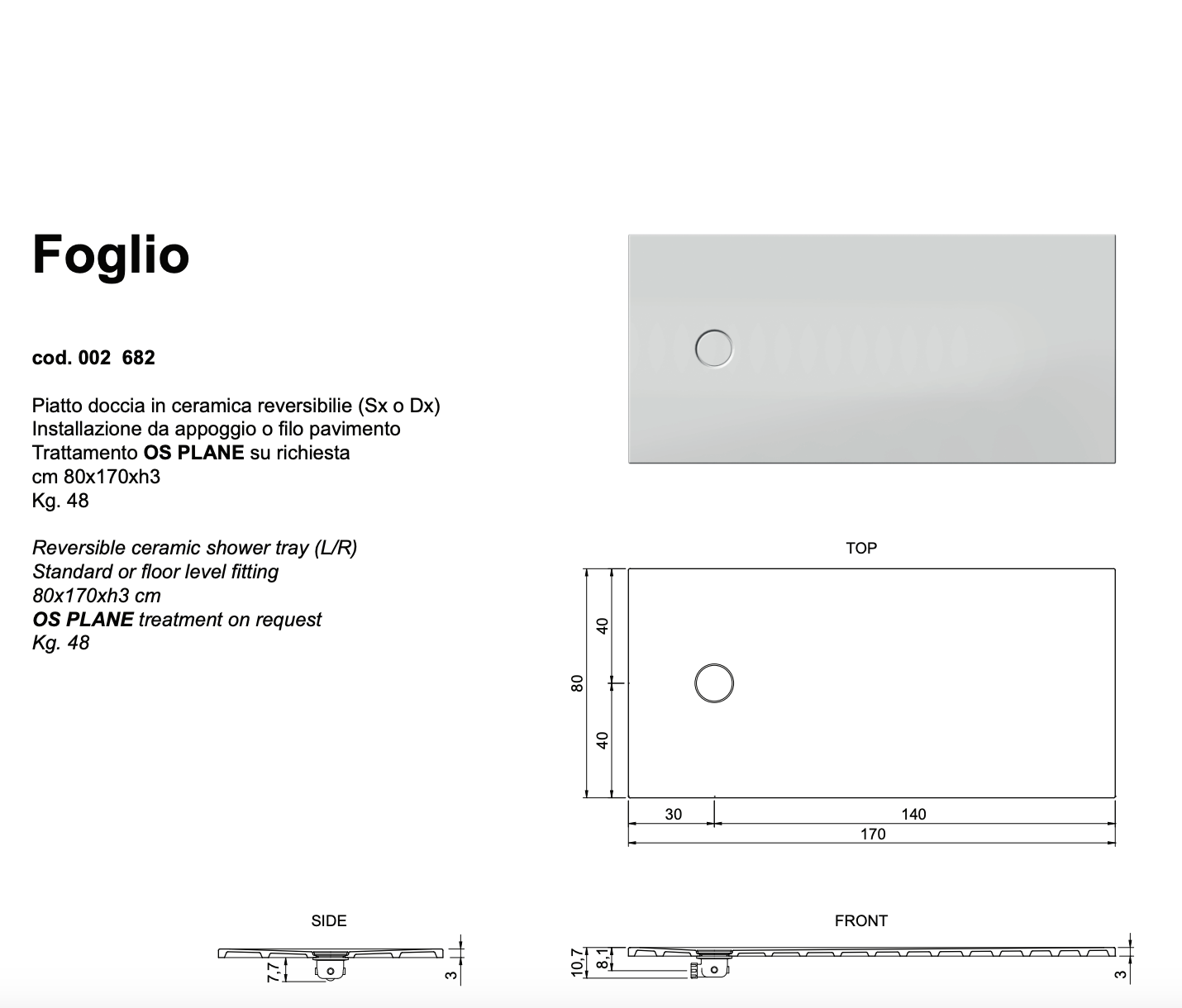 Piatto Doccia Foglio 80x170